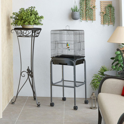 Cage à oiseau, cage à perroquet, volière à oiseau avec support à roulettes détachable, panier de rangement et accessoires Pawhut