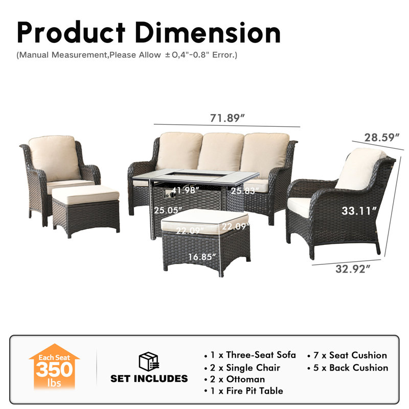 5 - Person Wicker Outdoor Conversation Set, Patio Sofa Set with Fire Pit and Cushions, Beige Cushion/Brown Frame