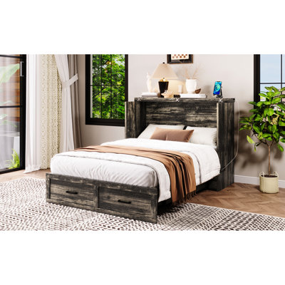 Multi - Functional Full Size Bed Cabinet With Charging Station And Storage Drawer, Rustic Gray, Ideal For Saving Space In Small Bedrooms Guest Areas Foldable Platform Compact Homes