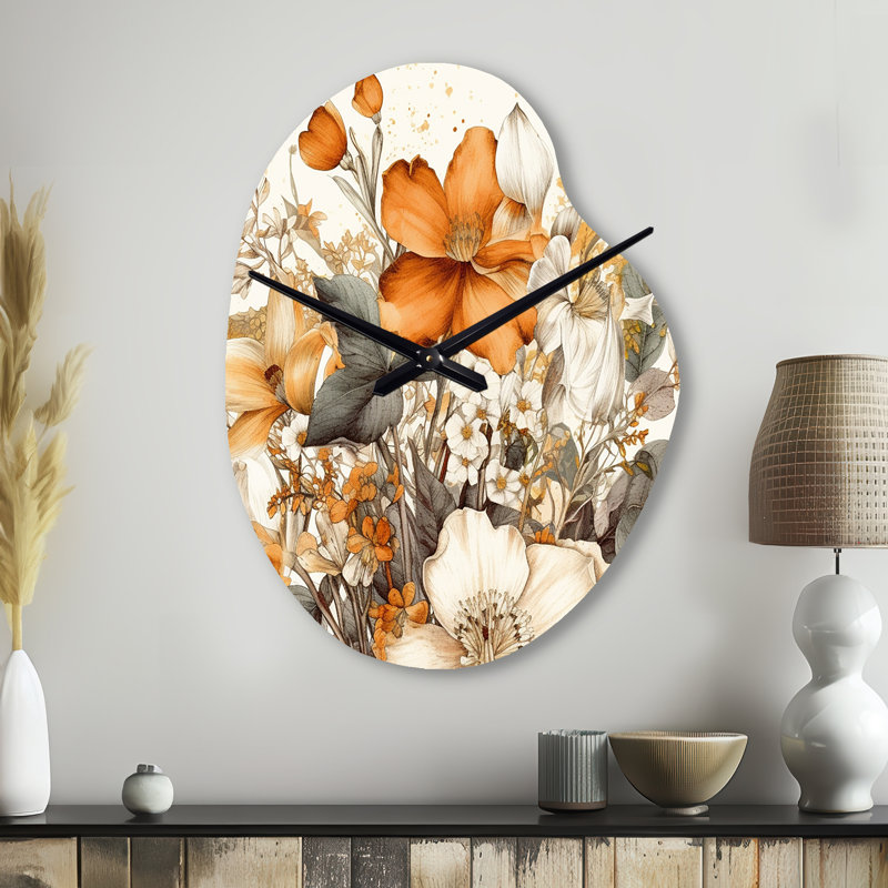 Crème et fleurs oranges Bouquet II - horloge murale asymétrique, Petit