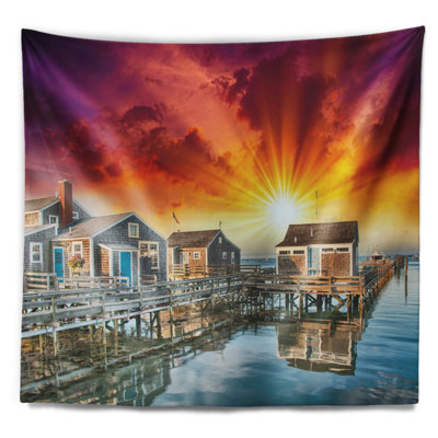 Tapisserie paysage maisons en bois au coucher du soleil