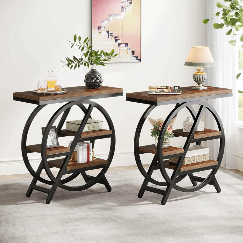 Table de bout étroite à 3 niveaux 25,59 pouces avec rangement, Brun rustique