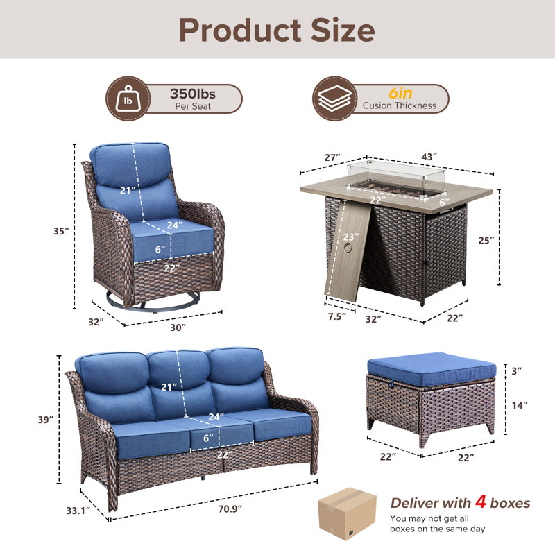 Ensemble de conversation de patio en osier 6 pièces avec table de foyer et chaises pivotantes avec coussins de luxe de 6 pouces