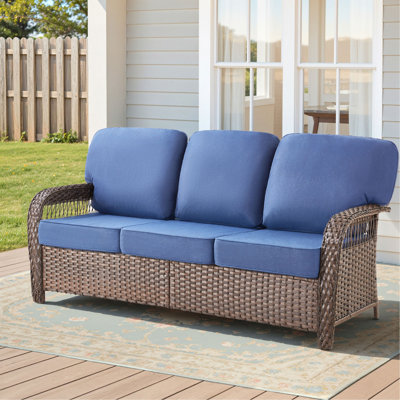 75.2" Outdoor Wicker Patio Sofa With T Shape-Back Cushions And 5" Thick Foam, For Porch Or Backyard