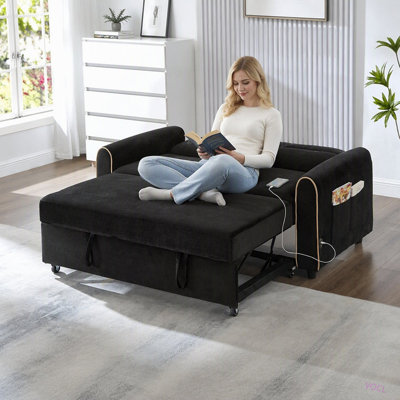 Chenille Pull Out Sofa Bed, 58-inch Sofa Bed, Sleeper Sofa, Loveseat Sofa with Adjustable 3 -Position Backrest, 4 Side Pockets and Charging Ports for Living Room