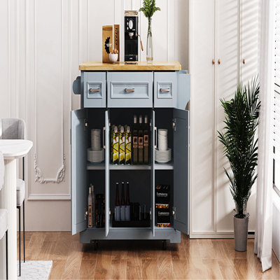 Grand îlot de cuisine de 54 pouces avec abattant en bois d'hévéa, chariot de cuisine à roulettes en relief sur 4 roues avec 4 portes et 3 tiroirs, îlot de cuisine avec rangement pour la cuisine, la salle à manger