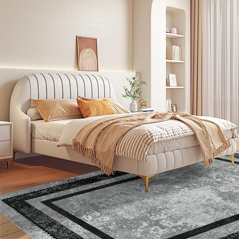 Modern Bordered Washable Rug Non Slip Throw Rugs for Entryway Soft Bedroom Entry Mat Non-Shedding Accent Rugs Black 2 * 6ft