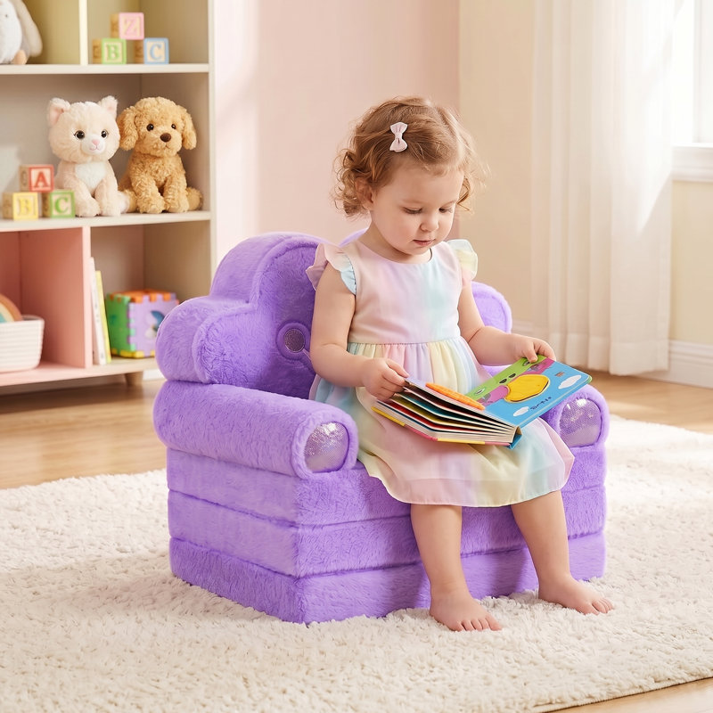 Kids Luxury Foil Printed Faux Rabbit Fur Princess Sofa,Purple Foldable Convertible Couch for Girls Bedroom & Playroom, Soft Foam Flip-Out Lounger Chair