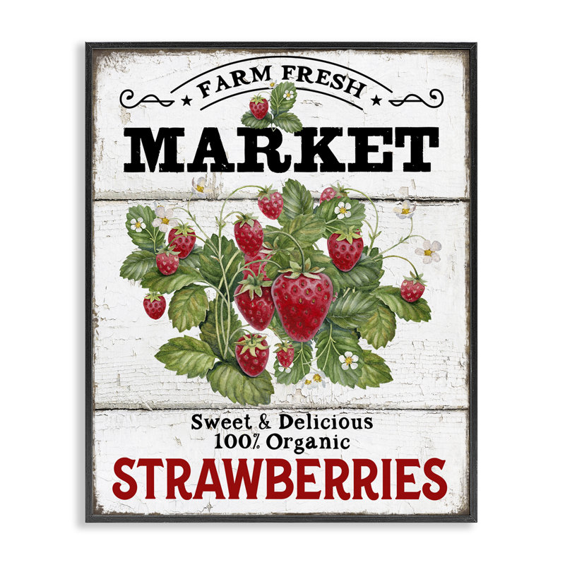 «Farm Fresh Strawberries», estampe numérique par Creatif Belle, H 20 po x l 16 po, Giclée encadrée noir minuit