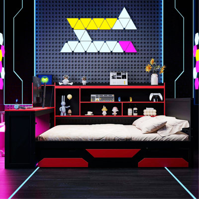 Structure de lit, lit de jour avec bureau intégré et lumières, structure de lit en bois avec 3 tiroirs de rangement et station de charge intégrée pour chambre à coucher, chambre d'amis