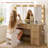 47" Large Natural Fluted Vanity Desk With Mirror & Adjustable Led Lights-1956595810