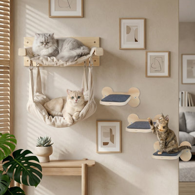 Wall-Mounted Cat Double Hammock & 3 Steps, Pine Climbing Shelf & Perch Set, Multi-Function Wall-Mounted Cat Furniture for Sleep, Play & Climb, Easy DIY Installation