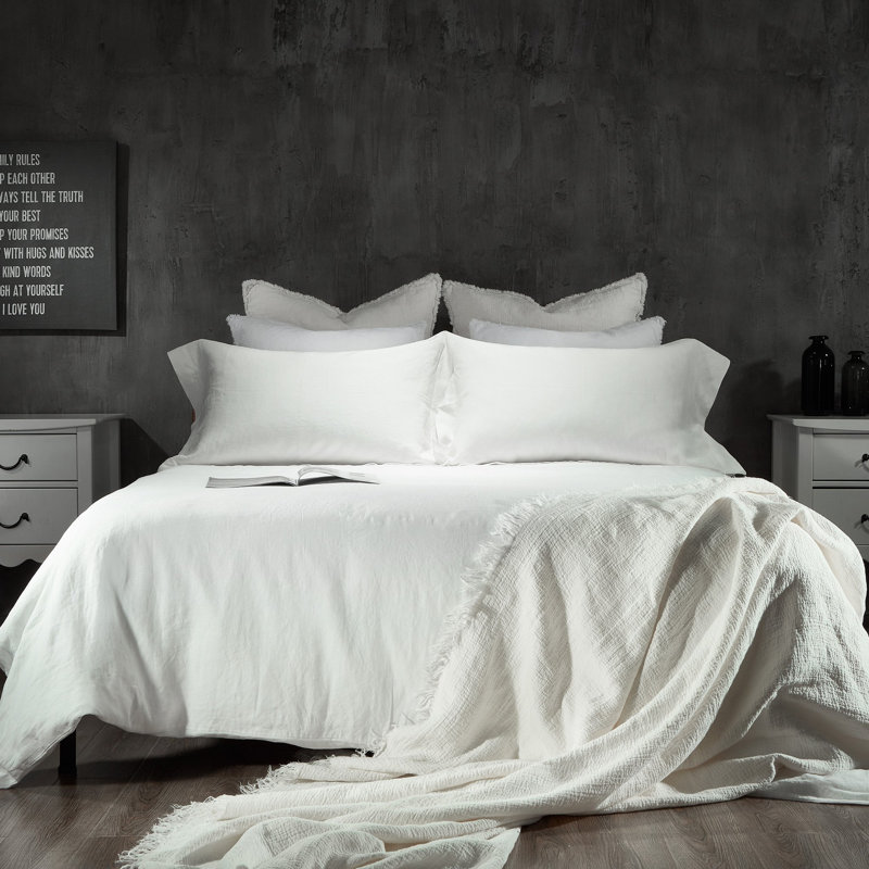 Ensemble de literie en lin, Ensemble de draps pour grand lit avec 2 taies d'or, Bleu Aruba