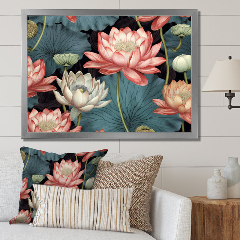 Multicolor Lotus Reflections I, reproduction d'art sur toile, H 34 po x l 44 po x P 1,5 po, Cadre simple argenté