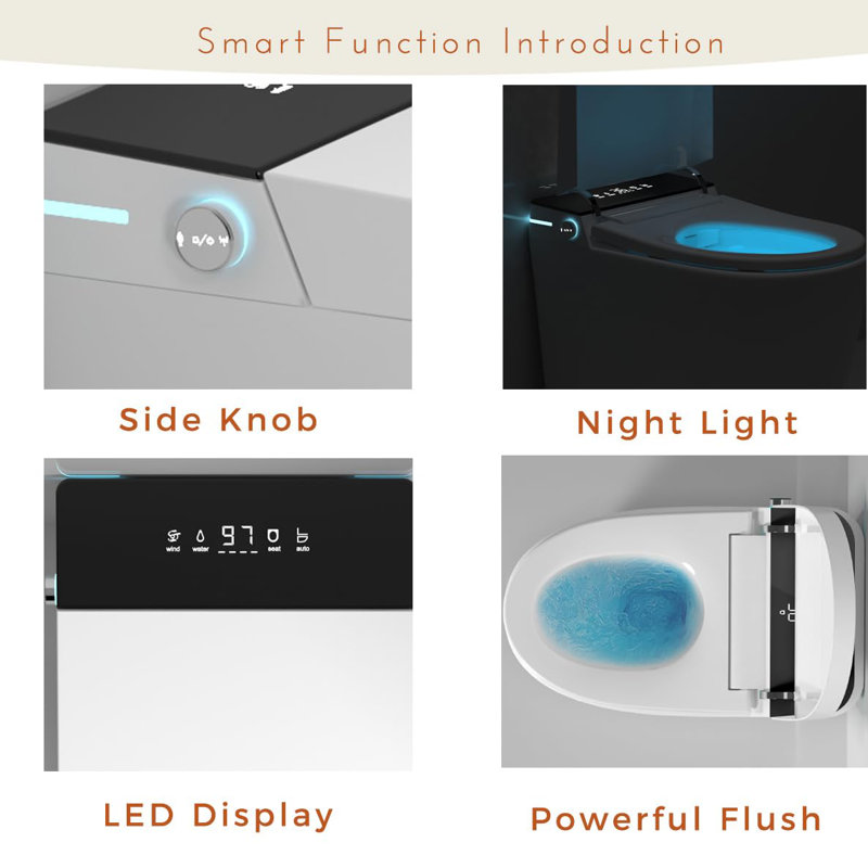 Toilette ronde compacte avec profondeur de 23 po, chasse et chauffage instantanés intelligents pour petite salle de bain moderne 12 po, blanc