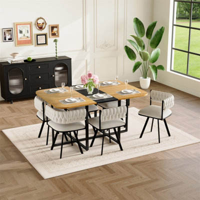 Ensemble de table de salle à manger 7 pièces rectangulaire, plateau de table en grain de bois à deux tons fixe et triamine noire avec 6 chaises en velours noir, ensemble de table de cuisine moderne pour 6 personnes, idéal pour les petits espaces, appa