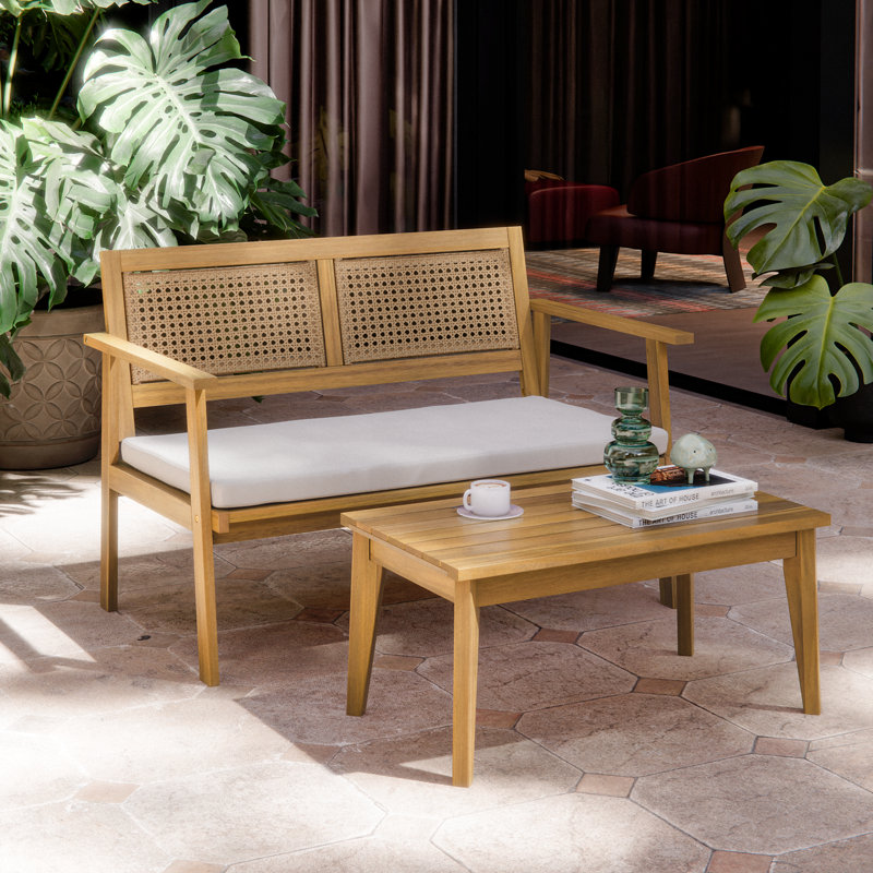 Canapé deux places Arbora avec table basse (partie 1 sur 2) - Mobilier d'extérieur en bois avec dossier tressé à double corde et assise profonde
