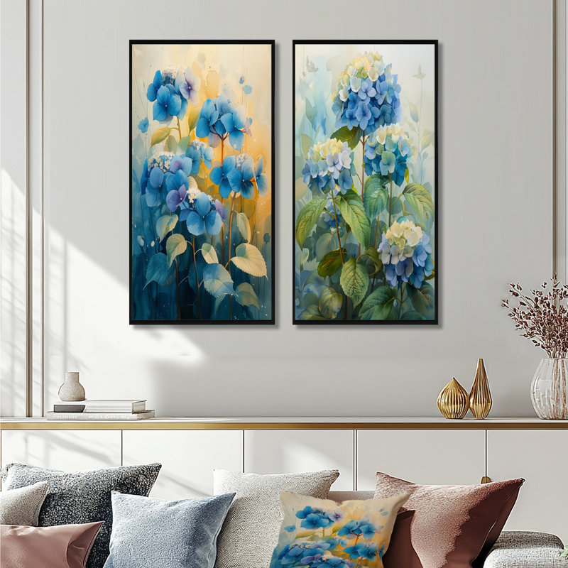 Ensemble d'hortensias muraux bleu et vert, H 32 po x l 32 po, Noir, noir, noir, noir, Impression encadrée