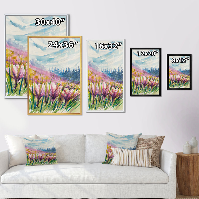 «Crocuses Meadow In Abstract Mountains», art mural traditionnel sur toile, 20" H x 12" W x 1" D