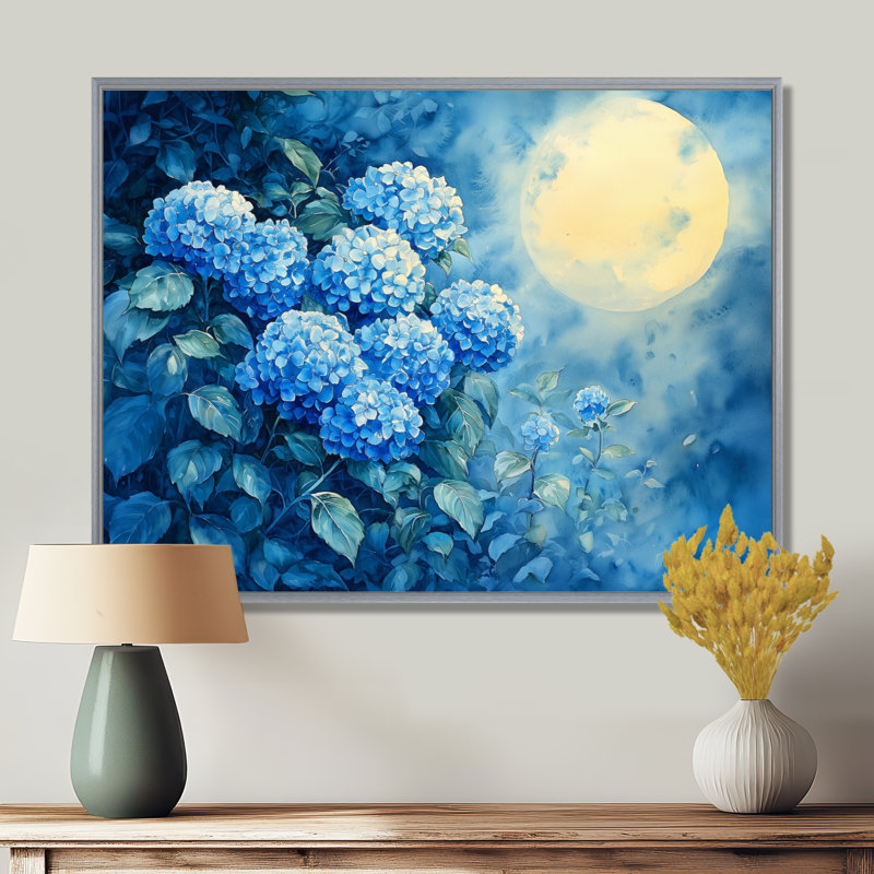 Hortensias au clair de lune II - décoration murale hydrangées, 28" H x 60" W, Impression sur cadre flottant, Argent argent