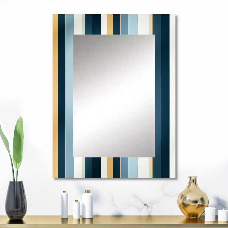 Kennardi Blue And White Classic Pinstripe Pattern - striped  Large Mirror, Modern Unique Wall Mirror Decor, Printed Metal Art