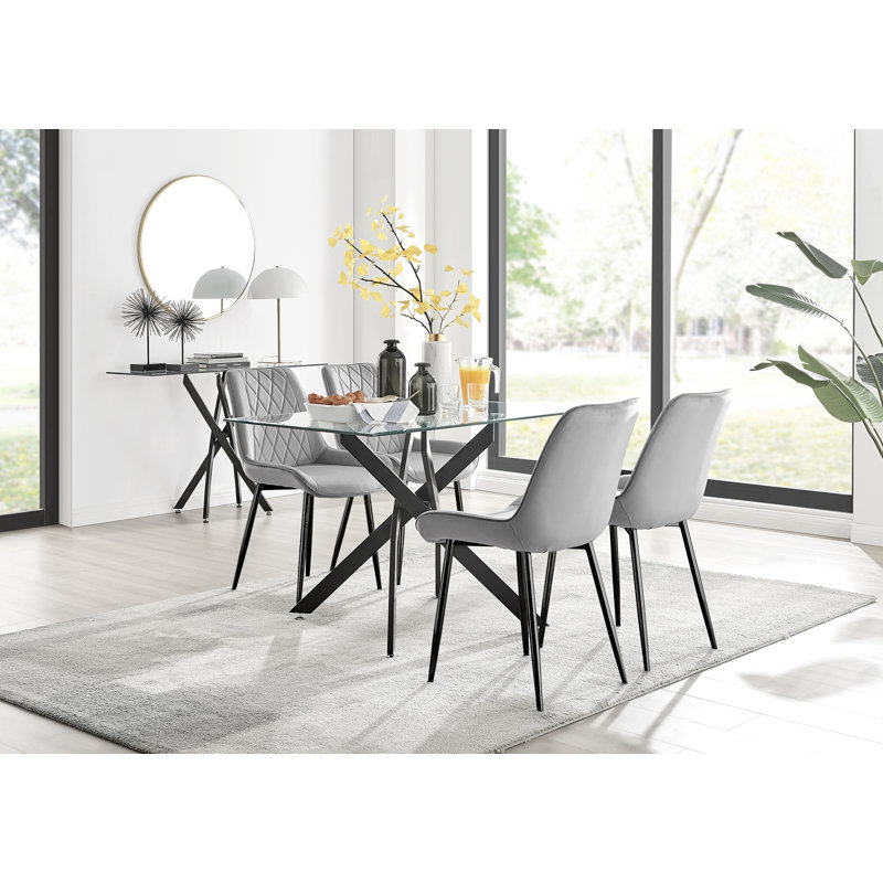 4 - Person Glass Top Pedestal Dining Set, Gray/Black