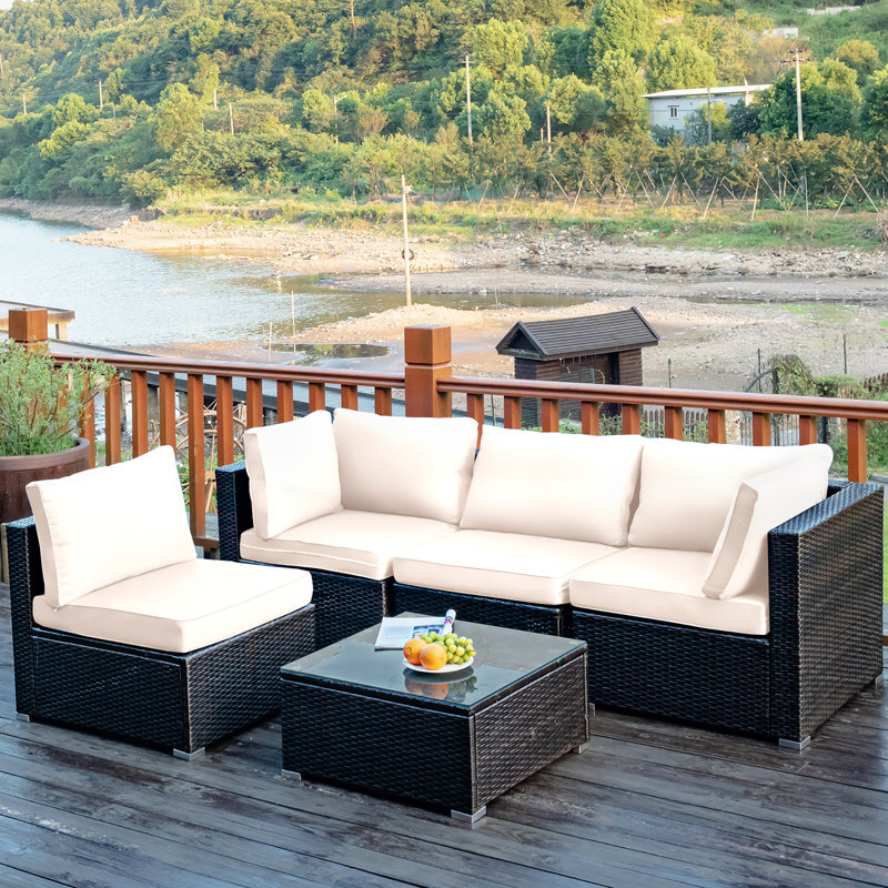 Rattan Sectional Seating Group with Cushions, White