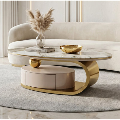 Table basse ovale moderne de rangement de 51,18 pouces, plateau de table en verre imprimé avec tiroir intégré, structure en acier inoxydable brossé 201 #, table de centre de luxe élégante pour le salon