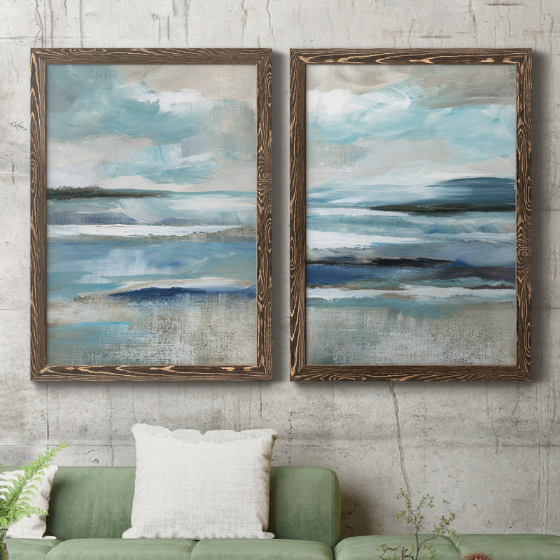 «Distant Drama I», ensemble de 2 peintures sur toile encadrées, Encadré de bois de noyer, H 24 po x l 36 po x P 1,5 po