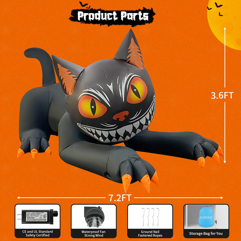 Chat gonflable d'Halloween 7 pi Halloween avec lumières DEL intégrées