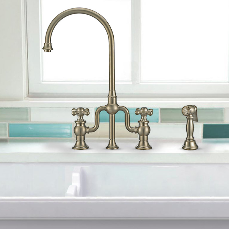 Whitehaus Collection Bridge Faucet with Gooseneck Swivel Spout and Solid Brass Side Spray, Brushed Nickel, Cross Handle