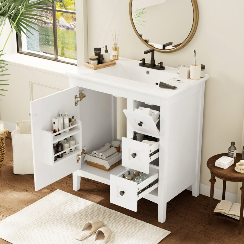 Meuble-lavabo moderne de 30 po avec lavabo en céramique, 3 tiroirs, meuble de rangement moderne en bois massif, idéal pour la maison