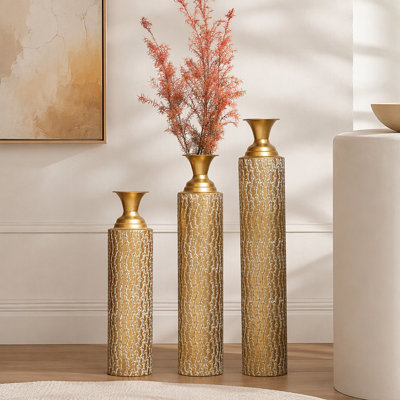 Metal decorative vases High distress metal center vases with growing vine patterns, set of 3 vases for home decoration 34 ", 29 ", 25 "H, gold