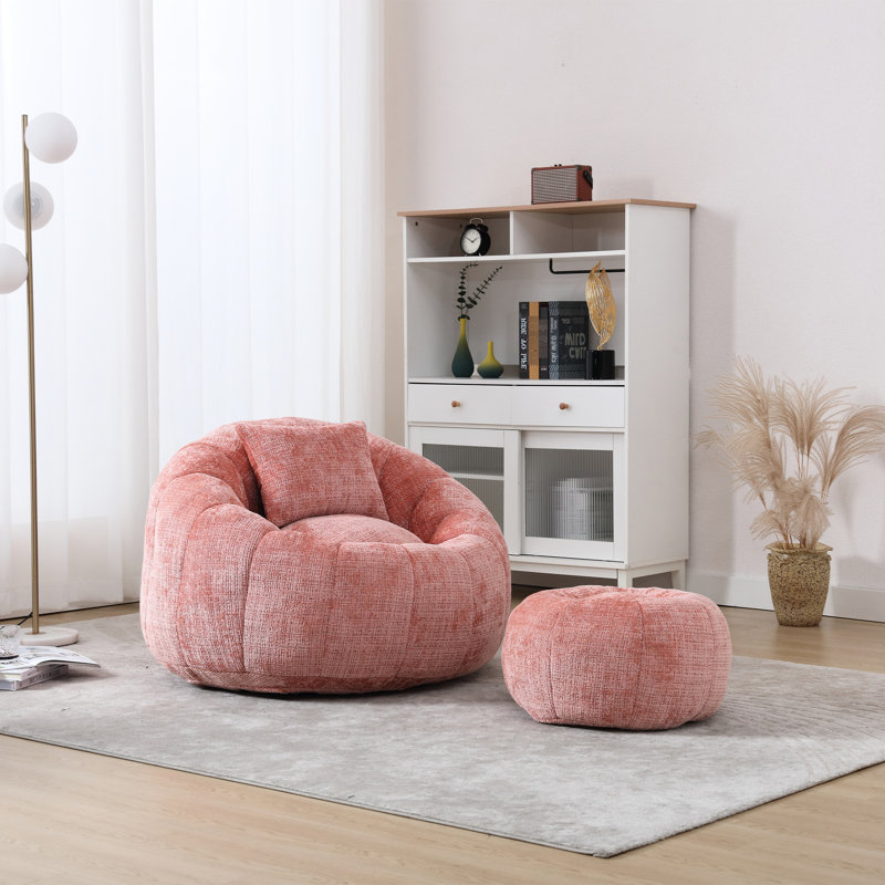 Paresseux rose moderne avec fauteuil à billes et coussin multifonctionnel en chenille de haute qualité, véritable mousse à mémoire de forme, style facile à utiliser, repose-pieds indépendant, chenille, aucune installation requise