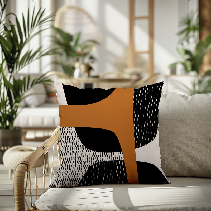 Coussin carré intérieur / extérieur pia, H 15 po x l 15 po, Orange brûlé / noir / blanc cassé