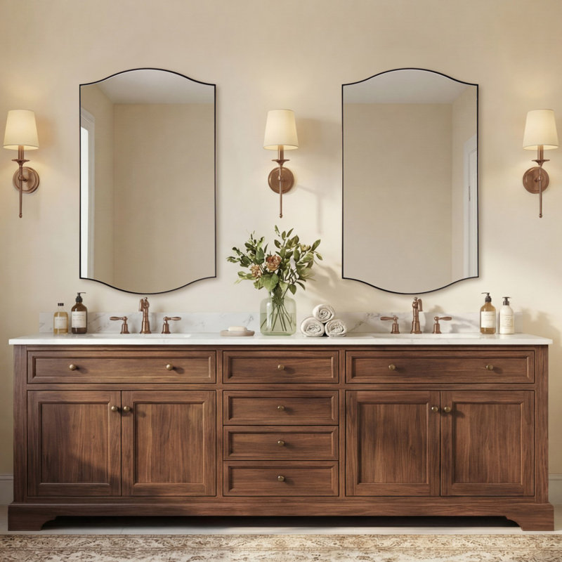 Dual Arch Scalloped Rectangular Bathroom Wall Mirror | Stainless Steel Frame, Brushed Bronze, 40" x 24"