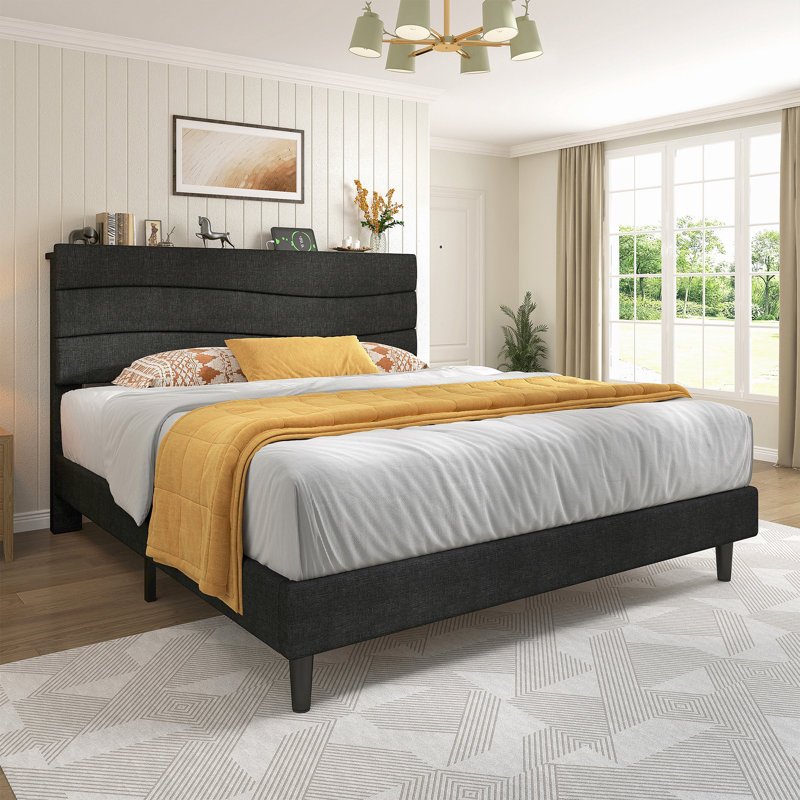 Upholstered Storage Bed with Charging Station, Gray, Full