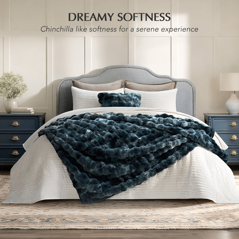 Ridgeline Faux Fur Throw Blanket, 80" L x 60" W, Deep Indigo Marble