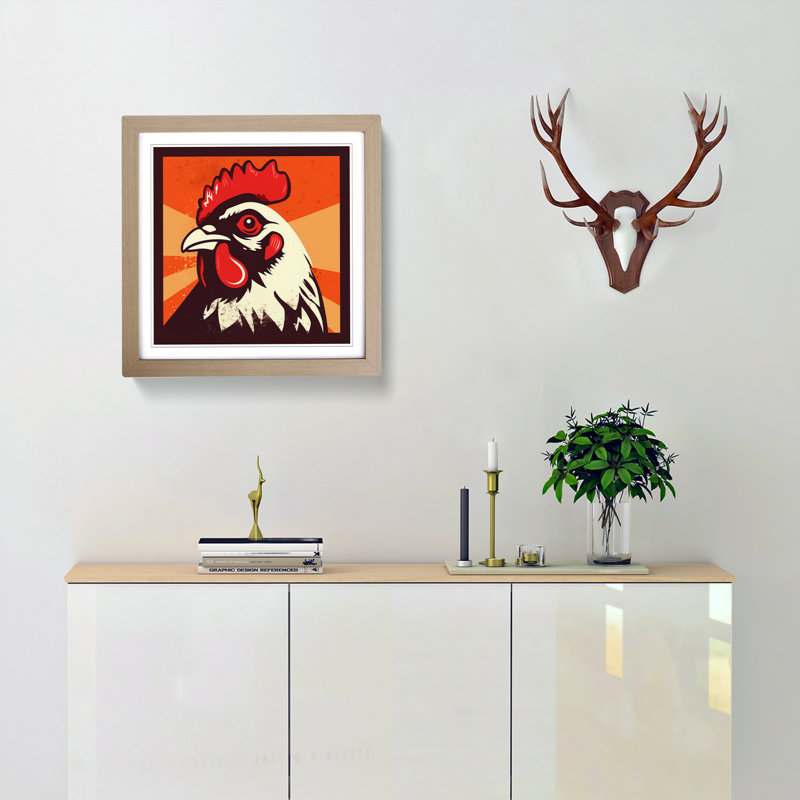 Chicken Retro - Single Picture Frame Print on Wood, Oak