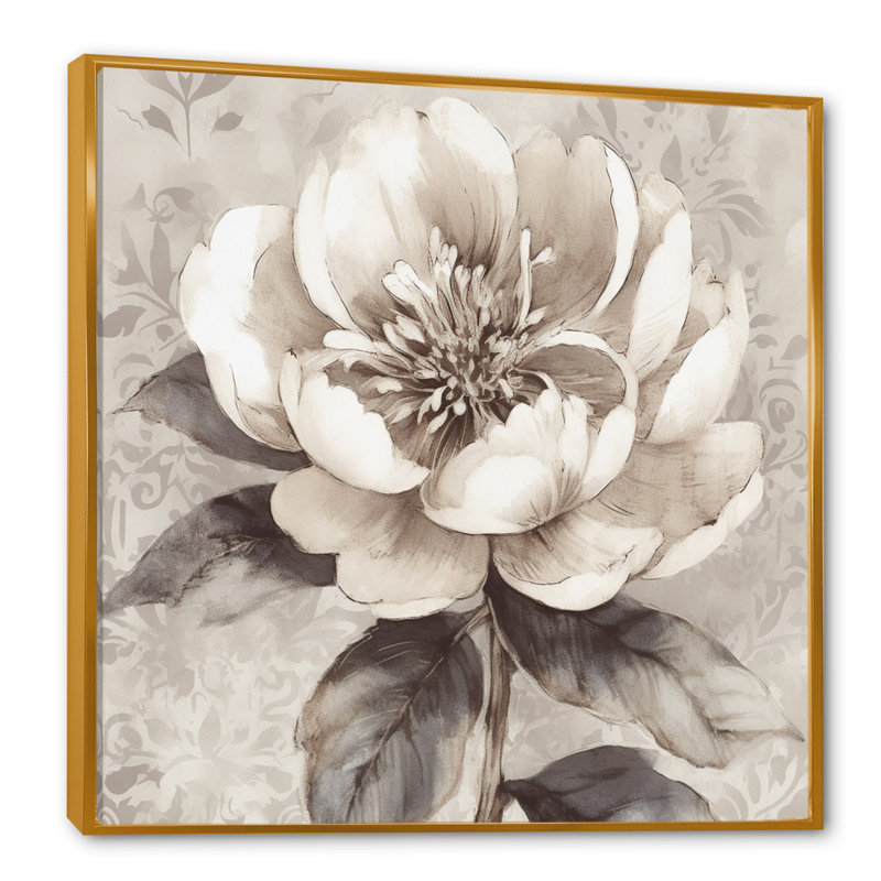 Pivoines grises sur une branche I - pivoines, art mural, H 16 po x l 16 po x P 1 po, Cadre flottant doré
