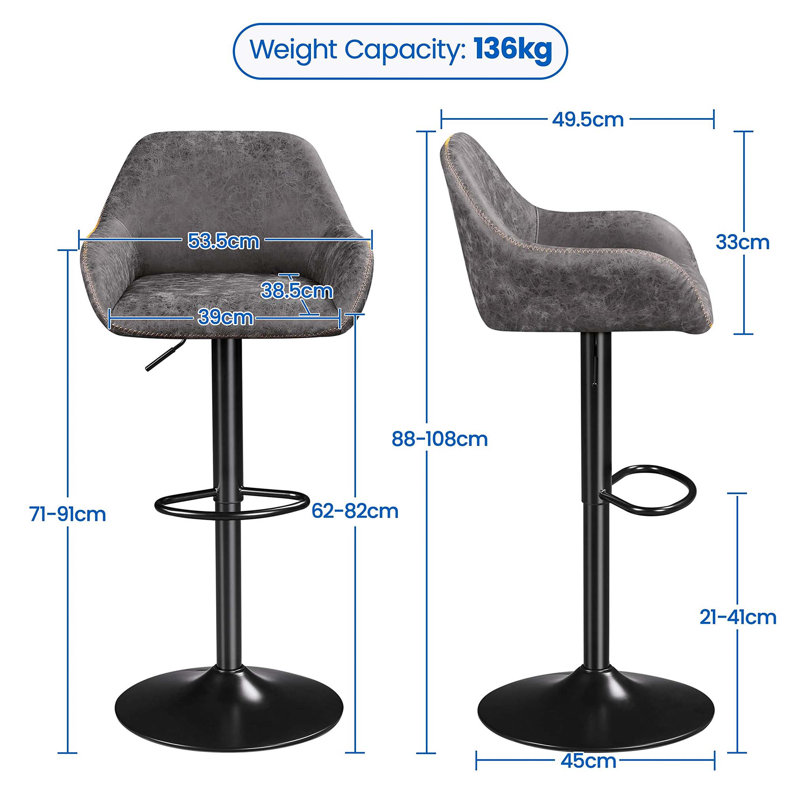 Bigvai Adjustable Height Counter Stool with Metal Frame, Grey