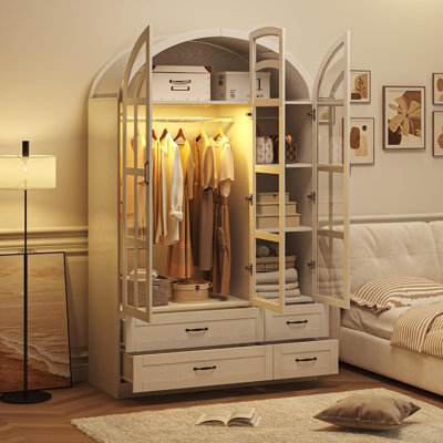 Armoire en bois arqué 3 portes 77,8 po H 3 portes, garde-robe à DEL avec capteur de mouvement avec portes vitrées, 4 tiroirs et tringle de suspension robuste, armoire de rangement pour vêtements autoportante
