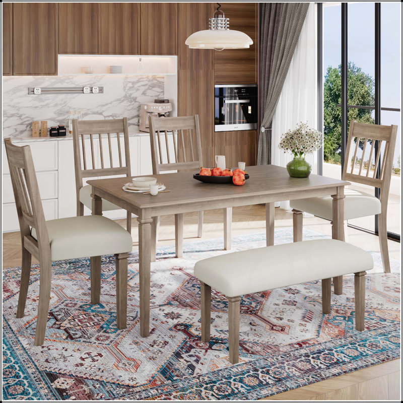 Ensemble de salle à manger 6 pièces avec table en bois, 4 chaises et banc pour une cuisine et une salle à manger peu encombrantes