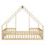 Lit pleine grandeur en bois en forme de maison avec garde-corps et clôture pour chambre d'enfant - Naturel