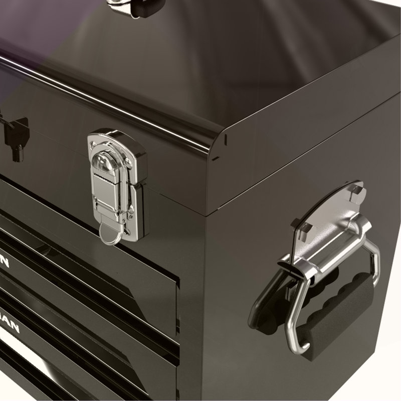 Boîte à outils 20 po à 3 tiroirs en acier, 4 couches d'outils avec loquets en métal, avec plateau de rangement supérieur et poignée de transport, rangement d'outils multifonctionnel pour le garage, la maison ou l'établi, noir