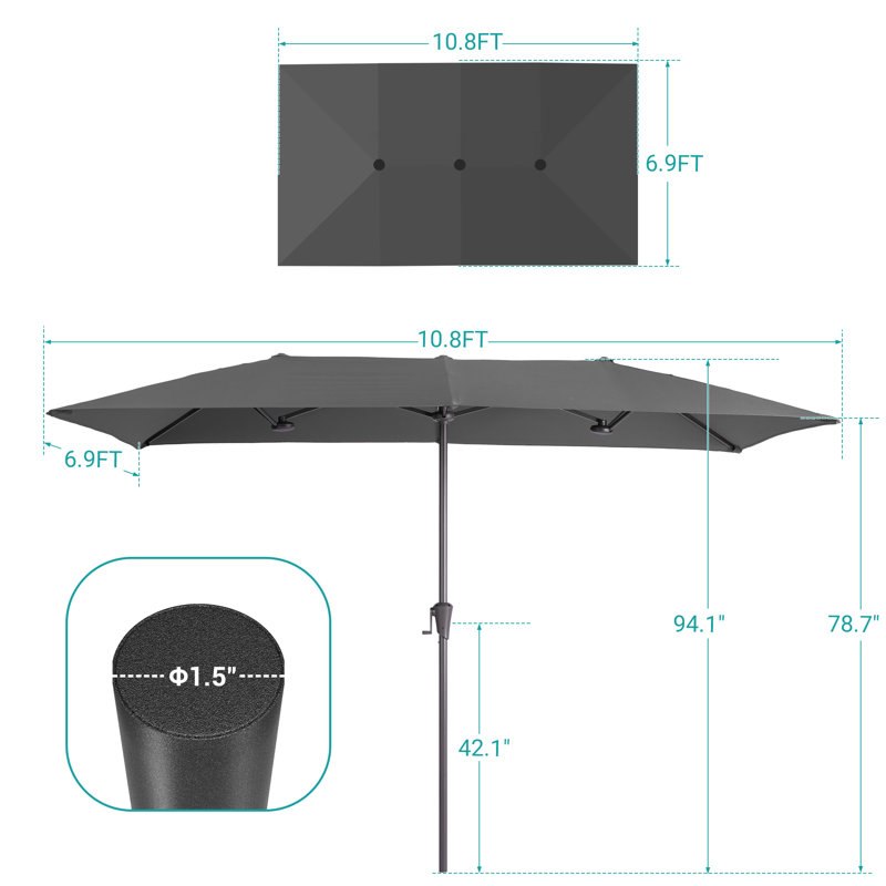 Parasols de table de patio à double face avec auvent résistant aux rayons UV et manivelle, H 94,1 po x l 130 po x P 82,7 po