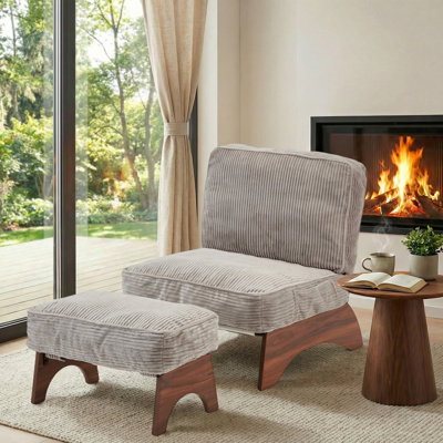 Accent Chair with Ottoman – Modern Corduroy Chair Set with Adjustable Backrest and Footrest, Comfortable Reading Chair for Living Room, Bedroom, or Guestroom, Gray