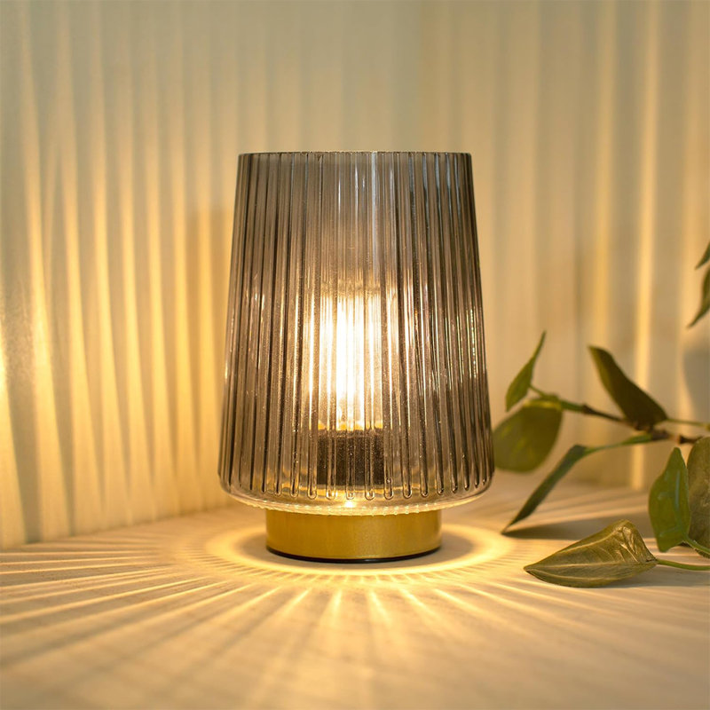 Gray Glass Cordless Battery Operated Table Lamp with Timer