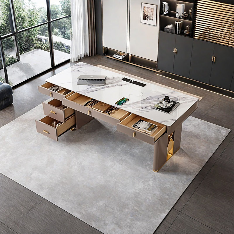 Beige Rectangular Sintered Stone Desk,5-Solid Wood drawer