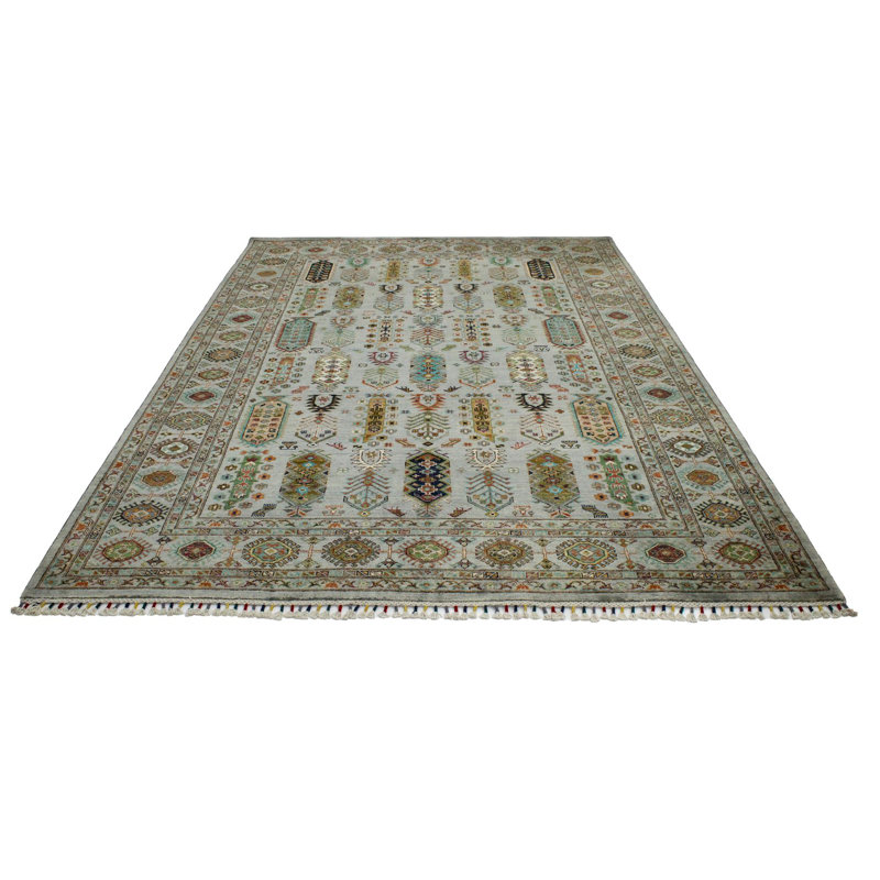 Tapis tribal turc vert et multicolore 7 x 7